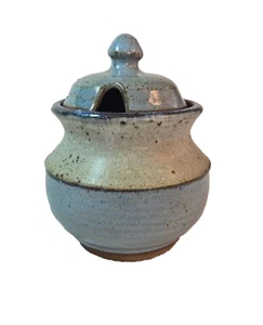 Art Pottery Handcrafted Blue Stoneware Sugar Jar or Honey Pot Lidded Signed 5" - Picture 1 of 8