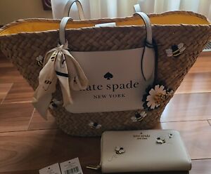 Kate Spade Honey Bee straw bag tote purse scarf continental wallet set summer