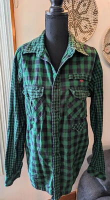 Men's 10 Deep Green Black Checkered Plaid Size Large L Button Down LS Shirt  - Image 1 of 4