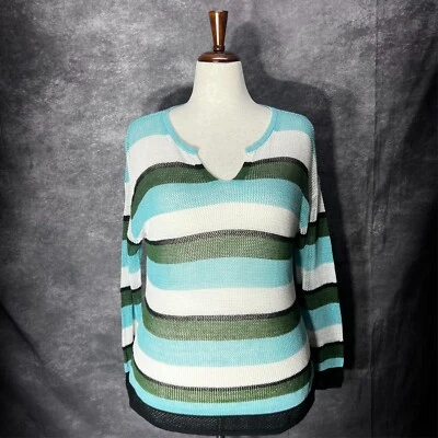 Talbots Split Neck Mesh Stripe Sweater Womens XLP Green Open Knit Linen Blend - Image 1 of 4