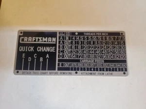 Craftsman 10" 12" Metal Lathe Thread Chart Tag L6-1031 - Picture 1 of 2