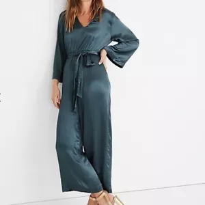 Madewell Satin V-Neck Jumpsuit Midnight Green Wide Leg Holiday Party Xmas - Picture 1 of 10
