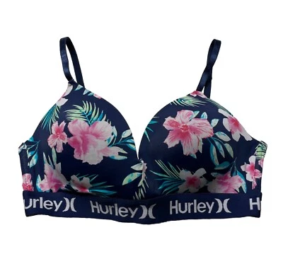 Hurley Sports Bra Size 34C Floral Padded Lined Wireless Adjustable Blue Flowers - Image 1 of 4