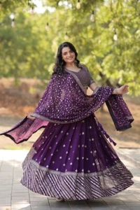 Purple Lehenga choli Wedding Outfit Sequins lengha Indian Festival wear dress - Picture 1 of 9