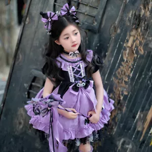 Kid Girl Kuromi Lolita Princess Dress Cute Lace Summer Skirt W/Headband Necklace - Picture 1 of 24