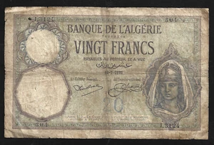 World Paper Money - Algeria 20 Francs 1932 P78b @ VG Cond - Picture 1 of 2