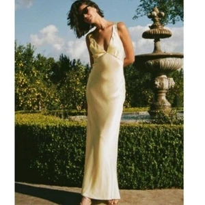 Rumored Sunset Strip Maxi Dress XS Meringue Yellow Satin Art Deco Slip Plunge - Picture 1 of 7
