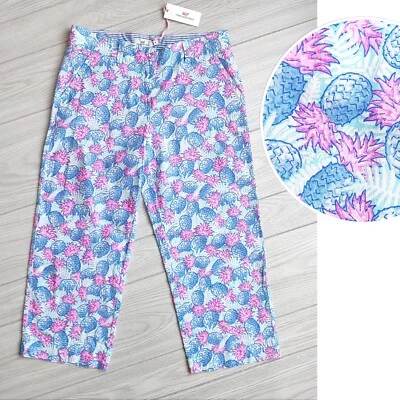 NWT Vinyard Vines Pineapple Catamaran Pants Pink Blue Linen Cotton $108 Size 10 - Image 1 of 4