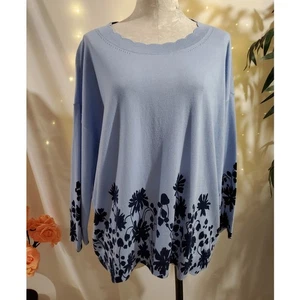 Talbots Scallop Detail Crewneck Pullover Sweater Plus Size 2X Blue Vine Floral - Picture 1 of 9