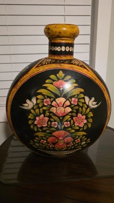 Vintage Hand Hammered Indo-raj Water Jug Pitcher Hand Painted Black Floral Decor - Image 1 of 4