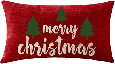 Happy Holidays Merry Christmas Trees Red Cotton Linen Throw Pillowcase Cushion C - Image 1 of 4