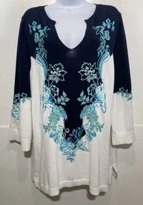 Suéter túnica Chicos 2 para mujer grande azul blanco bordado floral tejido pulóver - Imagen 1 de 8