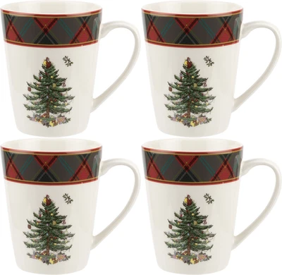 Caneca Tartan Spode Christmas Tree Collection 14 Oz, Conjunto de 4, Talheres - Imagem 1 de 4