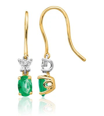 14K Solid Two Tone Gold Diamond Oval Emerald Dangle Earrings - Image 1 of 4