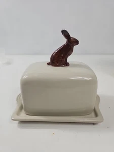 Quail Ceramics Hare Rabbit Butter Dish with Lid Hand-Painted Stoneware Farmhouse - Picture 1 of 8
