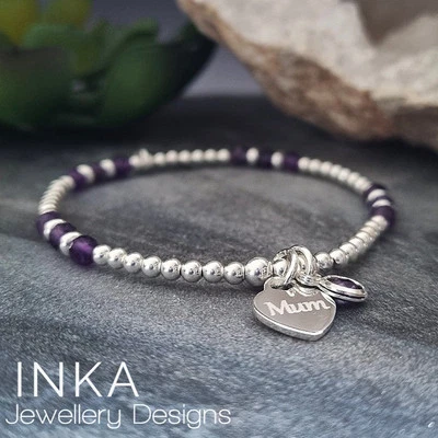 Sterling Silver mum Bracelet 925 Beaded Stretch AMETHYST Stacker By INKA - Image 1 of 4