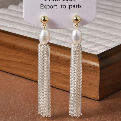 Women's Baroque Retro Freshwater Pearl Long Tassel Elegant Stud Dangle Earrings - Image 1 of 4