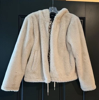  Forever 21 Ivory Faux Fur Hooded Jacket w Animal Print Lining Size Small - Image 1 of 4
