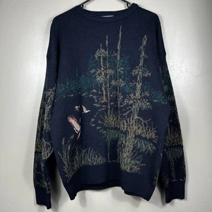Vintage Pendleton Mallard Duck Stitched LOBO Wool Sweater Navy Blue Size XL - Picture 1 of 6