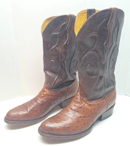 Cavenders Men's 11 EE Cognac Leather Full Quill Ostrich Print Cord Design Boots - Picture 1 of 20