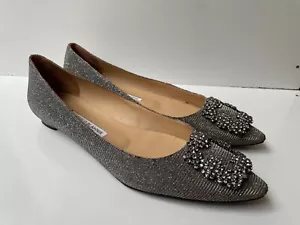 Manolo Blahnik Hangisi Jeweled Glitter Silver Satin Women's Flats EUR 39 / USA 9 - Picture 1 of 21
