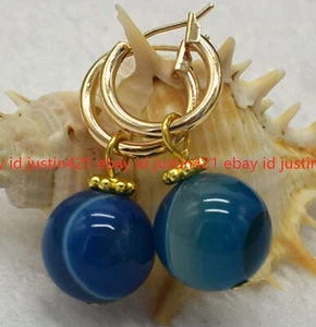 Natural 14mm Multicolor Stripe Agate Round Beads Gems Dangle Leverback Earrings - Picture 1 of 16