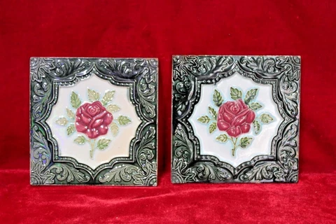 2 Pc Ceramic Flower Tiles Old Vintage Floor Wall Home Decor Collectible BG-46 Cover