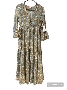 Maxidress a strati Boemo Boho Festival blu verde paisley corpetto stringato taglia small - Foto 1 di 10