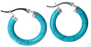 Genuine Natural Blue Turquoise Sterling Silver Snap Closure Hoop Dangle Earrings