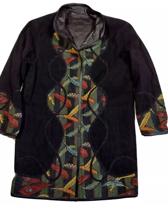Koos of Course Jacket Womens M Black Floral Reversible Faux Leather Coat Long T6 - Image 1 of 4
