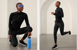 ATHLETA MOMENTUM Giacca con foro per pollice mezza zip senza cuciture, Nero, Medium, NUOVO - Foto 1 di 5