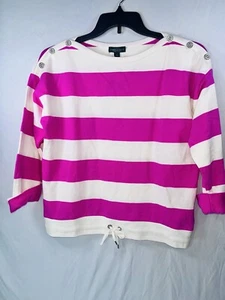 LRL Lauren Jeans Co Damen Rugby gestreifter U-Boot-Ausschnitt Pullover Größe L rosa weiß neu mit Etikett - Bild 1 von 8
