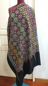 Handmade Multi Color Finished Cross Stitch Piece Flower Heart Black Fabric - Picture 1 of 9