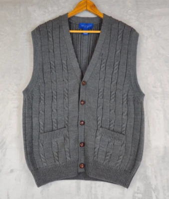 Vtg Towncraft Cardigan Cable Knit Sweater Vest Men XL Gray Grandpa Dad Pockets - Image 1 of 3