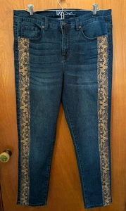 Diane Gilman DG2 Dark Stretch Denim Jeans Gold Down Legs Sz 12 Women's Straight - Picture 1 of 6