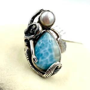 Meerjungfrau Sterlingsilber Perle Larimar Edelstein Größe 9,5 Ring Ozean Strand Meer - Bild 1 von 14