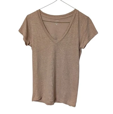 J. Crew 100% Linen Tan And Metallic Gold V-Neck Tee Shirt Top Size XS - Image 1 of 4
