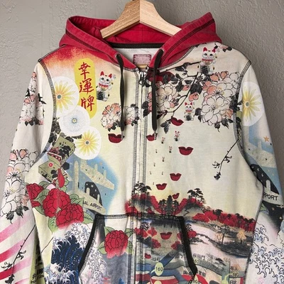 Moletom com capuz vintage japonês arte marca sorte raro AOP grande com zíper Y2K - Imagem 1 de 4