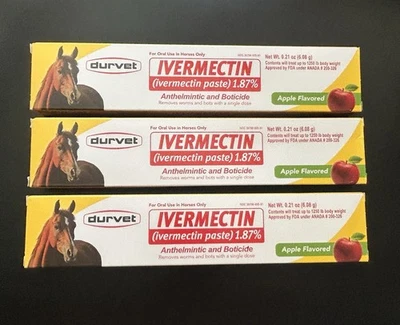 Pacote com 3 Novo Na Caixa Pasta Desparasitante Cavalo Sabor Maçã Expirado 9/2027 Dur-vet Wormer - Imagem 1 de 4