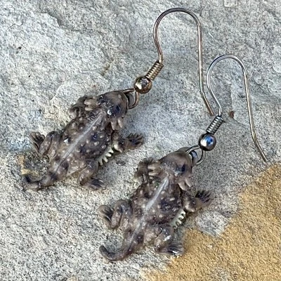 Horned Frog Toad Rubberized Metal Earrings Hand-Painted Lifelike Realistic Drop - Image 1 of 4
