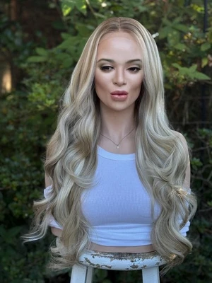 Human Hair Blend Lace Front Wig | Frosted Beige Blonde | Hand-Tied Free Part - Image 1 of 4