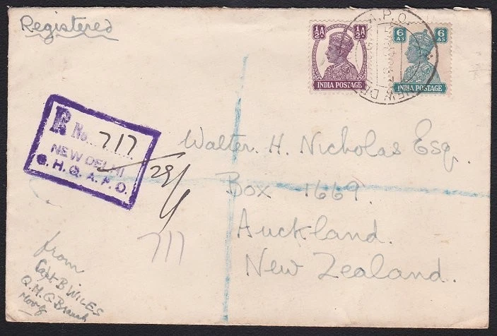 INDIA 1945 Cubierta militar registrada a Nueva Zelanda ex Nueva Delhi GHQ APO...D4596 Foto 1 de 1