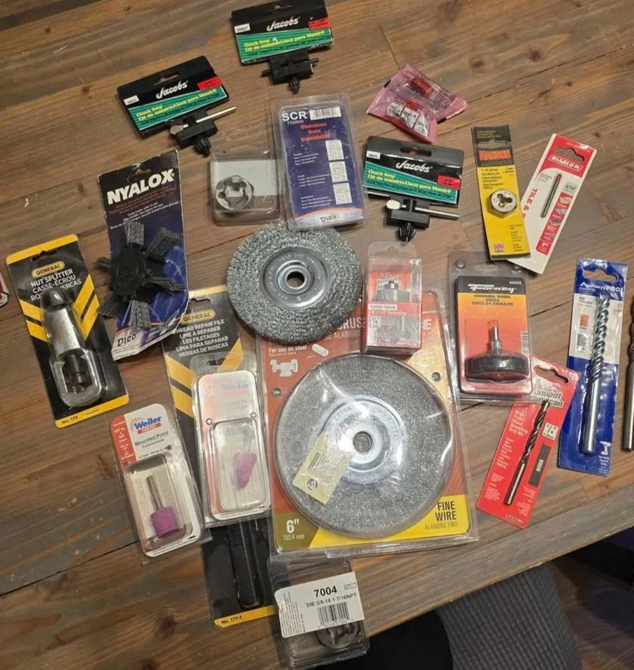 Lot Misc Tools -  Bits, Wheel Brush, Thread Repair File, Nut Splitter, Chuck Key - Image 1 of 4
