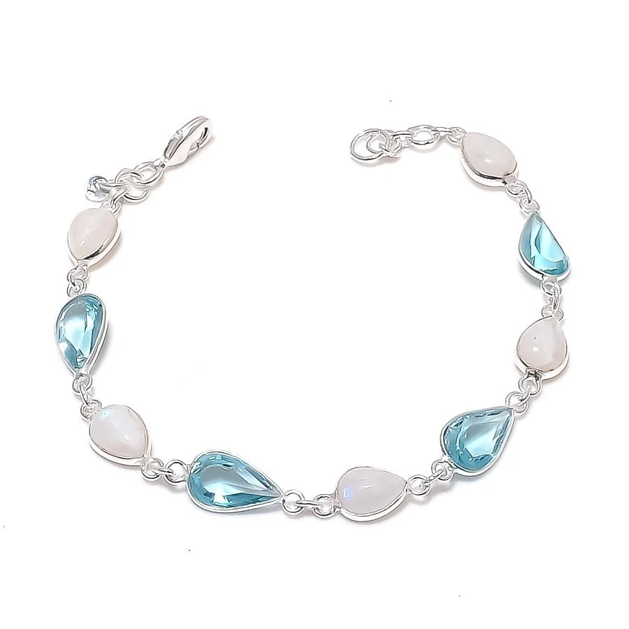 Moonstone & Aquamarine Gemstone 925 Sterling Silver Jewelry Bracelet Size 7-8" - Image 1 of 1
