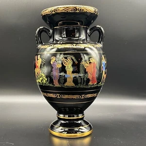 Vintage 9" Adis Black Greek Hand painted Vase Urn 24K Gold detail W/Handles. - Picture 1 of 12
