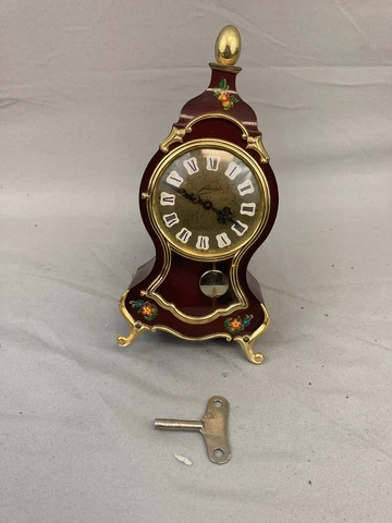 Schmid West Germany 8 Day Brown Mantle Desk Clock + Pendulum Wind Up Missing Leg Cover