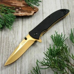 CUCHILLO PLEGABLE ASISTIDO A RESORTE Hoja Dorada Negro G10 Manija Táctica Utilidad EDC - Imagen 1 de 11