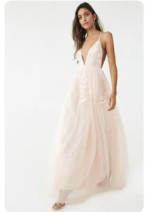 NEW Forever 21 Pink Tulle Maxi Gown Plunging Neckline Embroidered Lace Size Sm - Picture 1 of 16