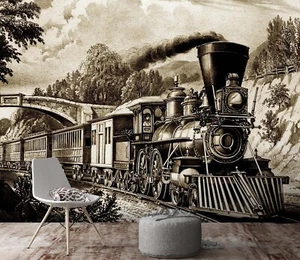 3D Retro Train G1026 Transport Wallpaper Mural Self-adhesive Removable Honey - Picture 1 of 8