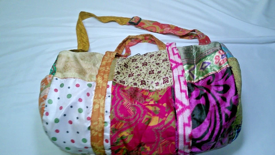 Silly Yeti Boho Hippie Duffle Bag w/ Strap Multicolor Patchwork Pattern 16x12x9 - Image 1 of 4